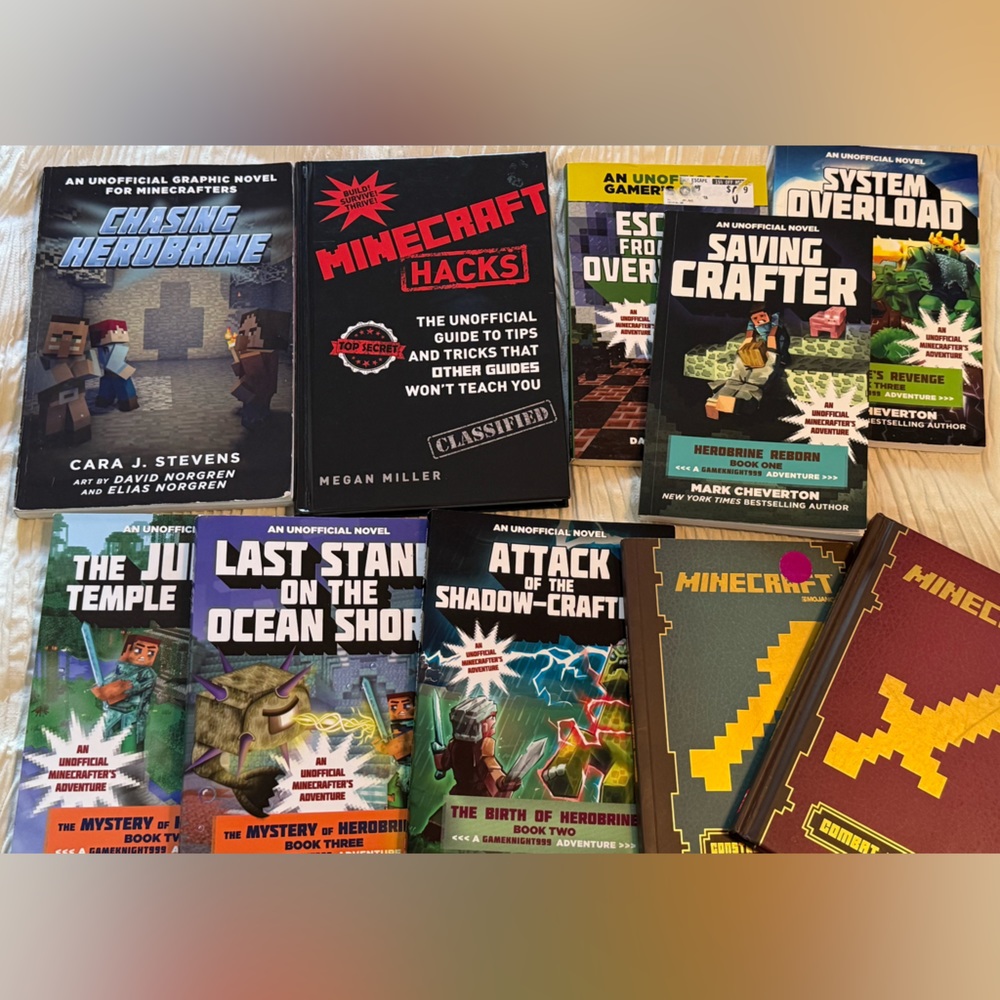 Minecraft Books Lot of 10. Handbooks, unofficial novels, graphic novels & hacks
